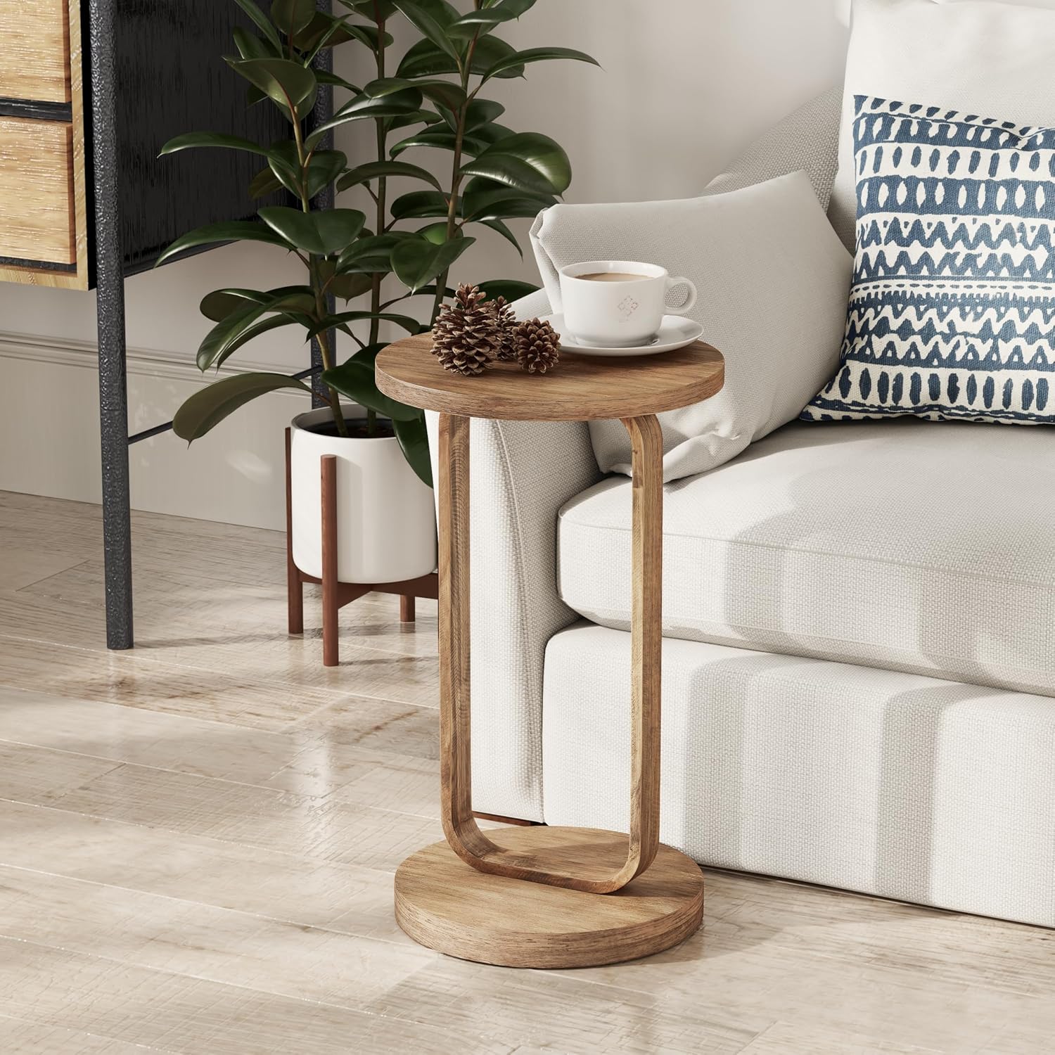 COZAYH Farmhouse Round End Table, Minimalist Small Drink Table, Rustic Plant Stand for Living Room or Bedroom, Boho, Natural Wood Color