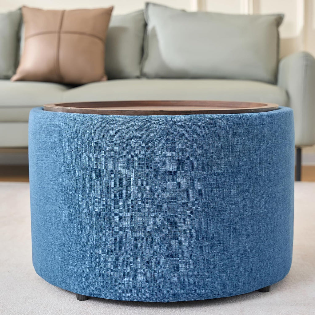 2-Piece Ball & Cast Nesting Storage Ottomans with Wooden Tray, Round Linen Upholstered Ottoman Bench and Coffee Table Set, 22.75 Inch Multi-Functional Footstool for Living Room (Blue)