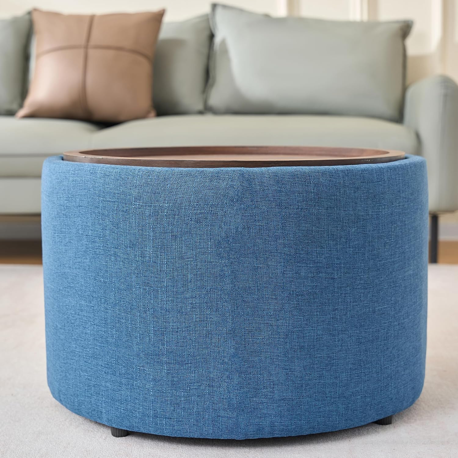 2-Piece Ball & Cast Nesting Storage Ottomans with Wooden Tray, Round Linen Upholstered Ottoman Bench and Coffee Table Set, 22.75 Inch Multi-Functional Footstool for Living Room (Blue)
