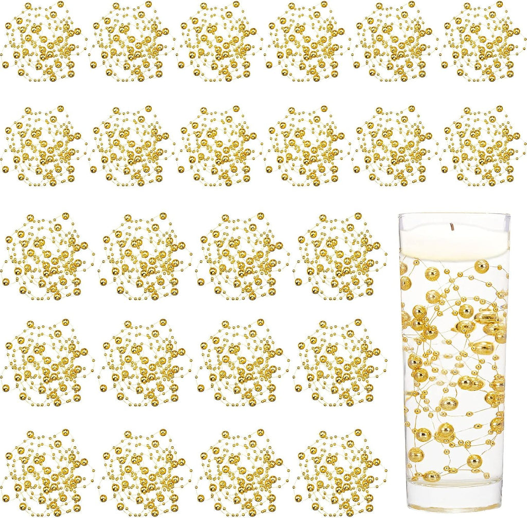 Tondiamo 24 Pcs Artificial Pearl String for Floating Candle Faux Pearls Beads String Garland Centerpiece Decoration for Vases Filler Wedding Spring Holiday Party Decor(Gold)