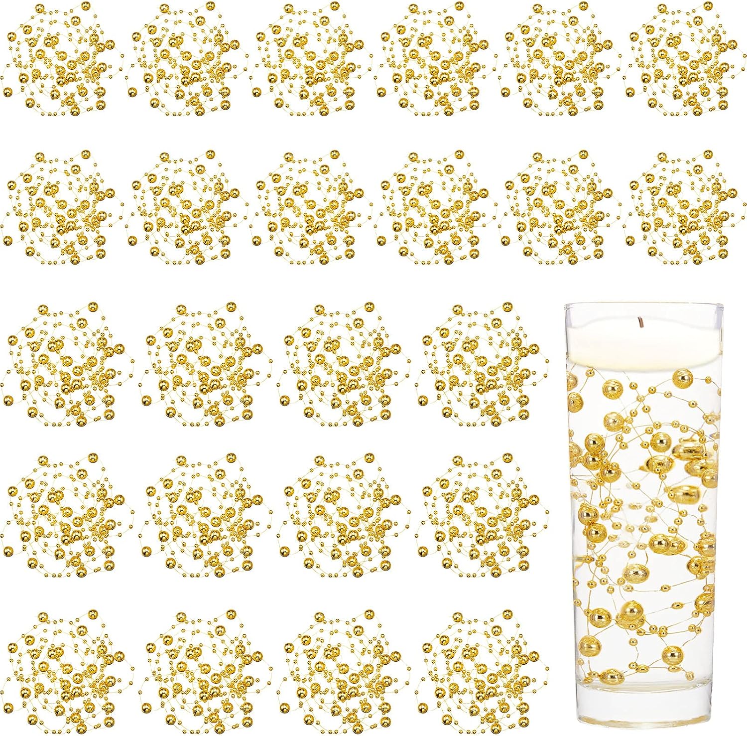Tondiamo 24 Pcs Artificial Pearl String for Floating Candle Faux Pearls Beads String Garland Centerpiece Decoration for Vases Filler Wedding Spring Holiday Party Decor(Gold)