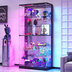 Glass Display Cabinet with RGB Lights,10-Tiers Curio Dispaly Cabinet with Human Body Sensor, Frameless Tall China Cabinets for Collectibles, Locking Showcase Cabinets with Shelf for Living Room