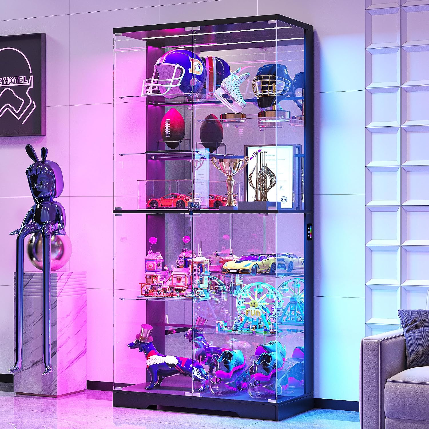 Glass Display Cabinet with RGB Lights,10-Tiers Curio Dispaly Cabinet with Human Body Sensor, Frameless Tall China Cabinets for Collectibles, Locking Showcase Cabinets with Shelf for Living Room