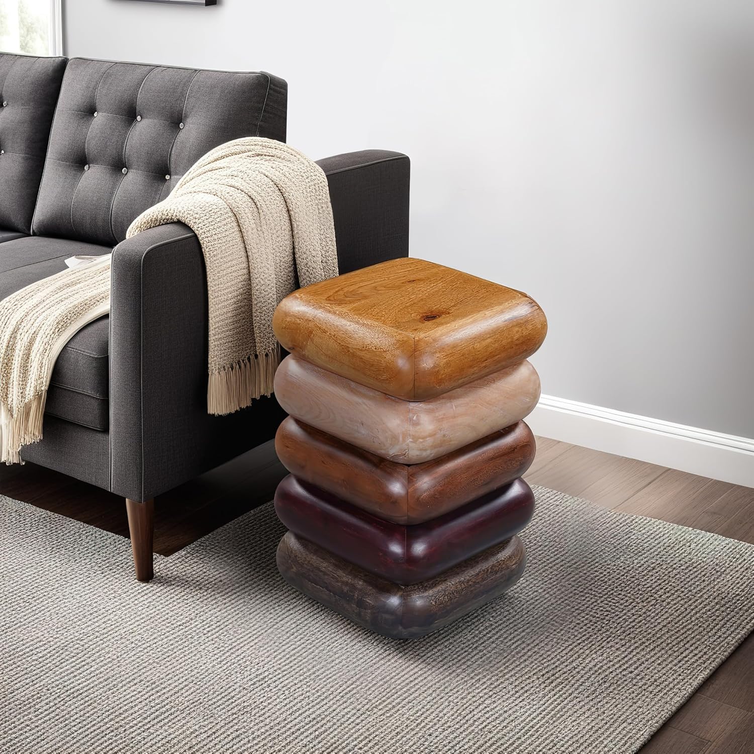 Zyra 18 Inch Side End Table, Sculptural Stacked Design, Mango and Acacia Wood Artisanship, Brown Finish, Modern Accent Table for Living Room, Bedroom, Entryway and Home Decor Display
