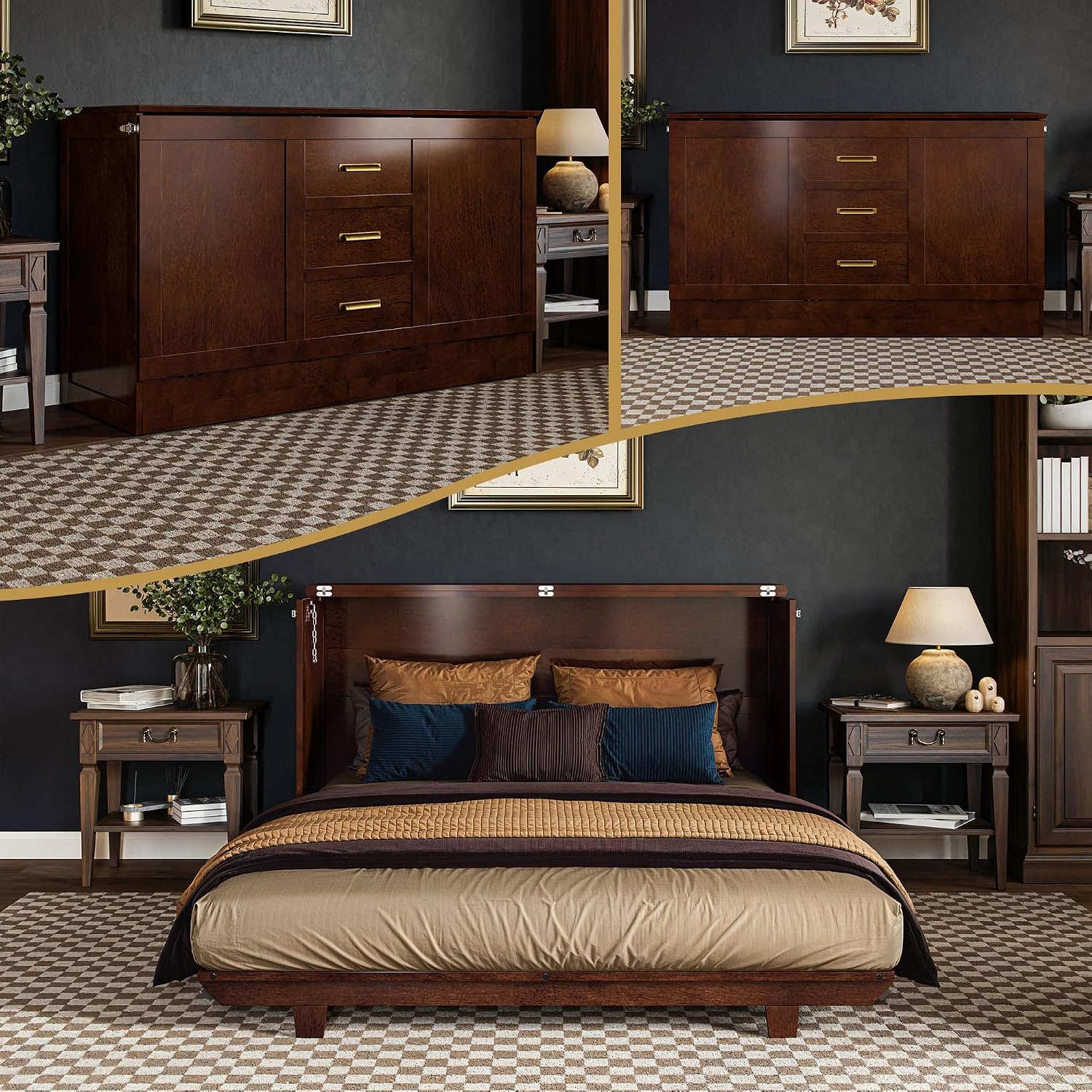 AFI, Charleston Queen Wood Murphy Bed Chest with 6" Mattress, Walnut