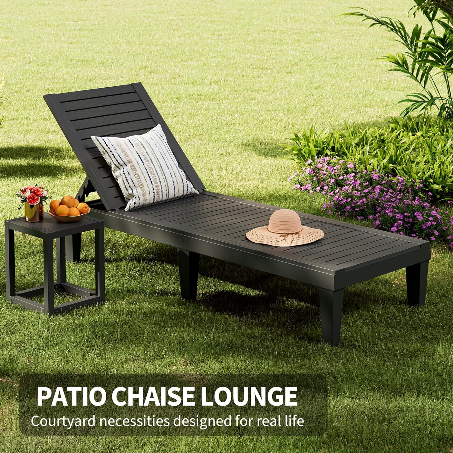 Patio Lounge Chairs Outdoor, Patio Chaise Lounges with Adjustable 5-Position Recliner and Full Flat Tanning Chair for Patio, Beach, Pool, Backyard (Striped Black, Set of 2)