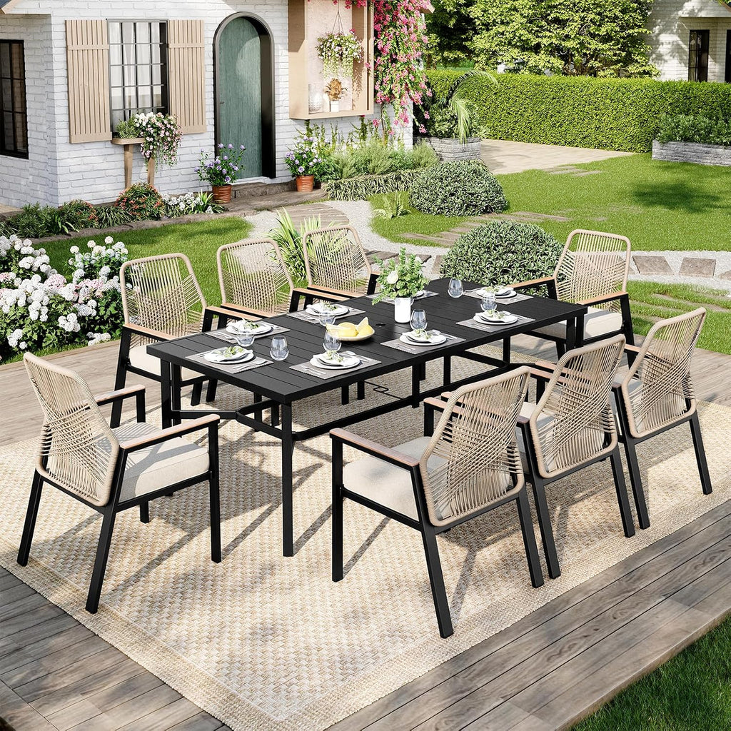MIXPATIO Outdoor Patio Dining Table for 8, 83" x 39" Rectangular Metal Patio Dining Table with 1.7" Umbrella Hole, All Weather Wrought Iron Black Outdoor Table for Garden, Backyard and Porch