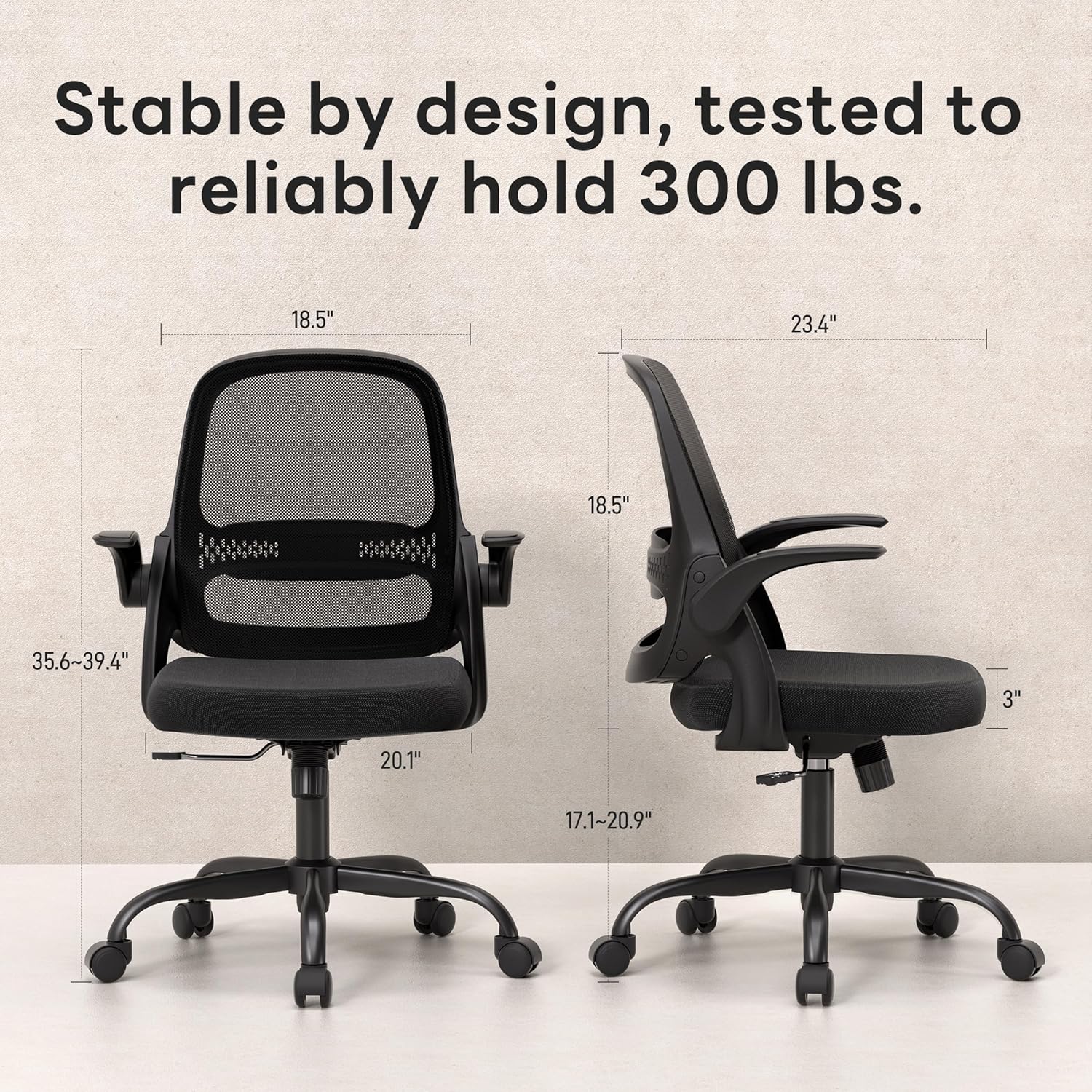 amseatec Ergonomic Mesh Office Chair, Flip-Up Arms, Adjustable Height, Breathable Mesh Back & Thick Cushion Seat, 360 Swivel Rolling Computer Desk Chair, BIFMA Certified, Supports 300 lbs, Black