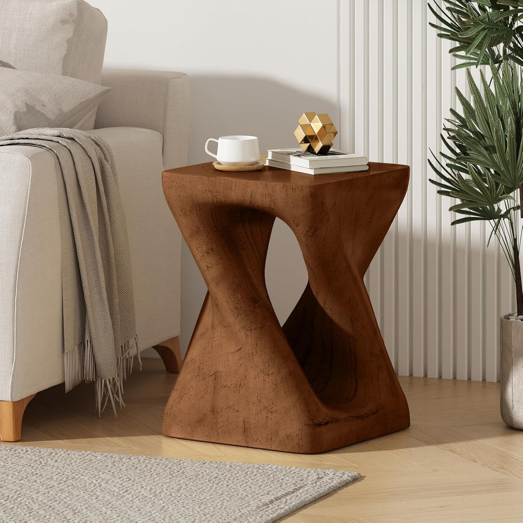 11.75" Vintage Magnesium Oxide (MGO) Side Table, MGO Twist Shape Side Table, Small Accent Table Bedside Table Nightstand for Living Room Bedroom Balcony No Assembly