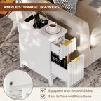 LAZZO End Tables Living Room Set of 2 Narrow End Table 7.9" Nightstands Set of 2 Modern Fluted Front Bedside Tables with 2 Drawers and Charging Station for Living Room, Bedroom, Small Space White