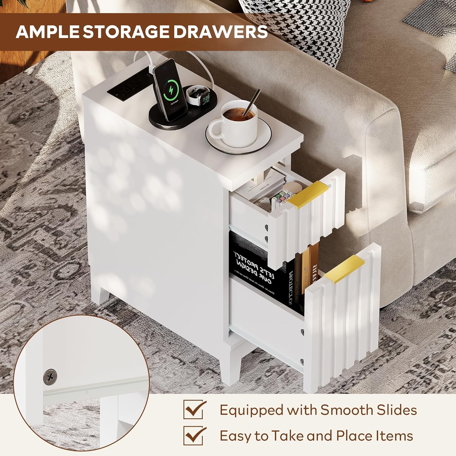 LAZZO End Tables Living Room Set of 2 Narrow End Table 7.9" Nightstands Set of 2 Modern Fluted Front Bedside Tables with 2 Drawers and Charging Station for Living Room, Bedroom, Small Space White