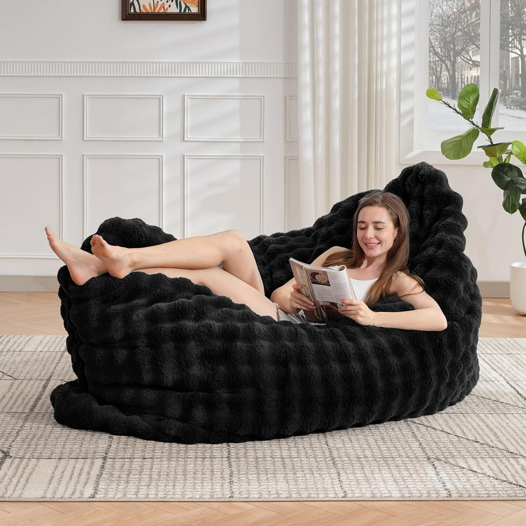 TYBOATLE 3 in 1 Giant Bean Bag Chair for Adults, Plush Fluffy Bean Bag Couch w/High-Density Memory Foam Filling, Convertible Floor Sofa to Mattress for Dorm, Apartment (Black)