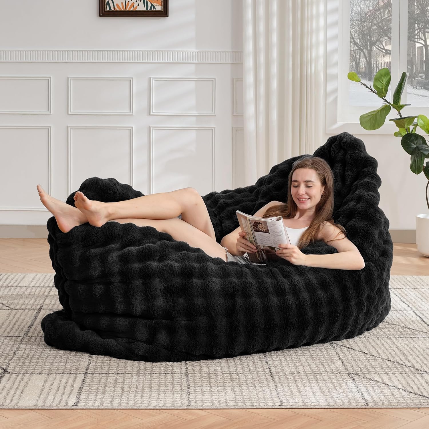TYBOATLE 3 in 1 Giant Bean Bag Chair for Adults, Plush Fluffy Bean Bag Couch w/High-Density Memory Foam Filling, Convertible Floor Sofa to Mattress for Dorm, Apartment (Black)