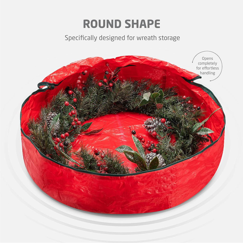 ZOBER Christmas Wreath Storage Container 36 Inch - Wreath Bag for Artificial Wreaths Box - Dual Zippered Wreaths Storage Bag with Strong Durable Handles - Red