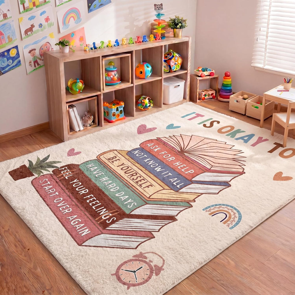 Capoda 3.3 x 4 ft Calming Corner Classroom Rug Inspirational Soft Fluffy Classroom Rug Carpet Mental Health Back to School Decor for School Bedroom Reading Corner(It is Okay to Feel)