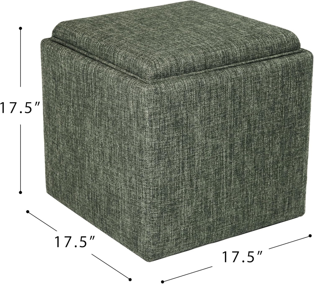 HomePop Home Decor Storage Ottoman with Tray Top|Upholstered Modern Square Storage Ottoman with Storage for Living Room & Bedroom, Green Clover Fabric