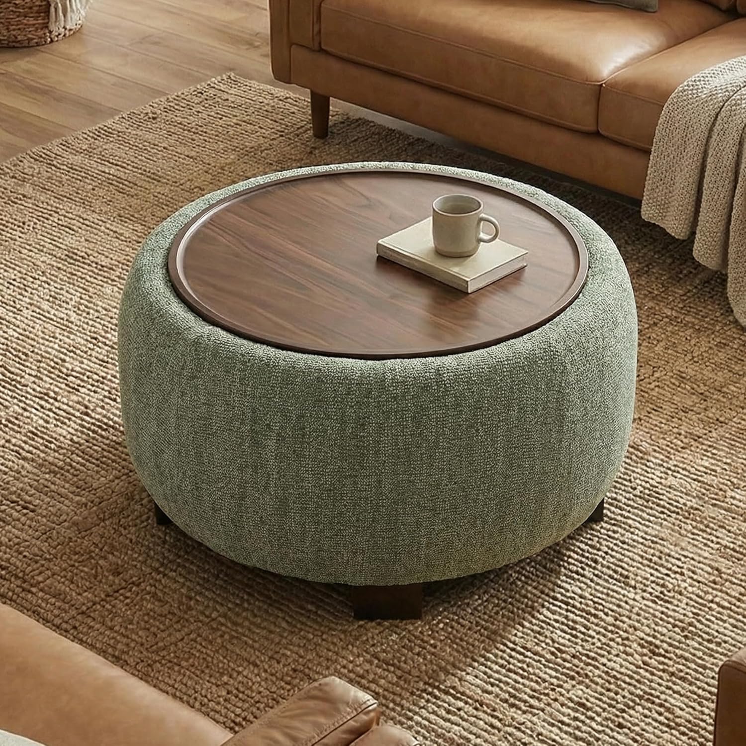 VKNOW 30" Round Storage Ottoman, Ottoman Coffee Table with Removable Wood Top and Solid Wood Legs for Living Room, Bedroom, Apartments(Green)