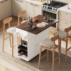 LIKIMIO Kitchen Island with Power Outlet & USB Charging, Rolling Island on Wheels with Drop Leaf, Farmhouse Kitchen Island Cart with Spice Rack, Wine Rack & Glass Holder for Small Kitchen, White