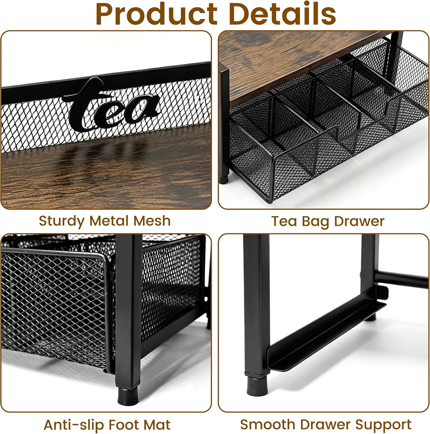 2 Tier Tea Bag Organizer - 8 Drawer Sliding Tea Box Organizer, Tea Bar Accessories Organizer for Countertop, Bar Station, Kitchen (Rustic Brown)
