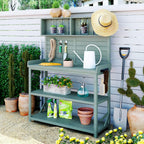 P PURLOVE 65" Large Wooden Rustic Outdoor Potting Bench Table, Patio Workstation, Garden Plant Lawn Patio Bench Shelf with 4 Storage Shelves and Side Hook