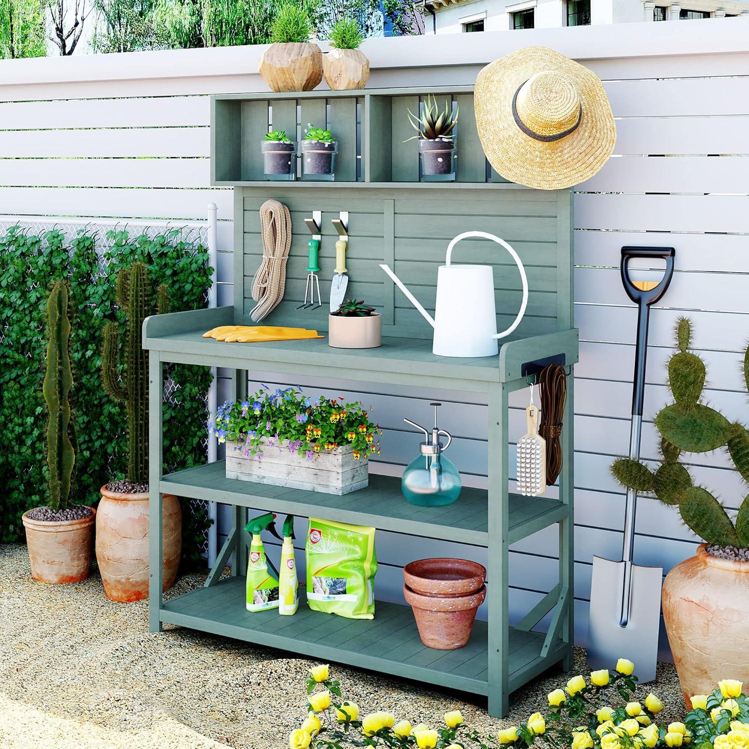 P PURLOVE 65" Large Wooden Rustic Outdoor Potting Bench Table, Patio Workstation, Garden Plant Lawn Patio Bench Shelf with 4 Storage Shelves and Side Hook