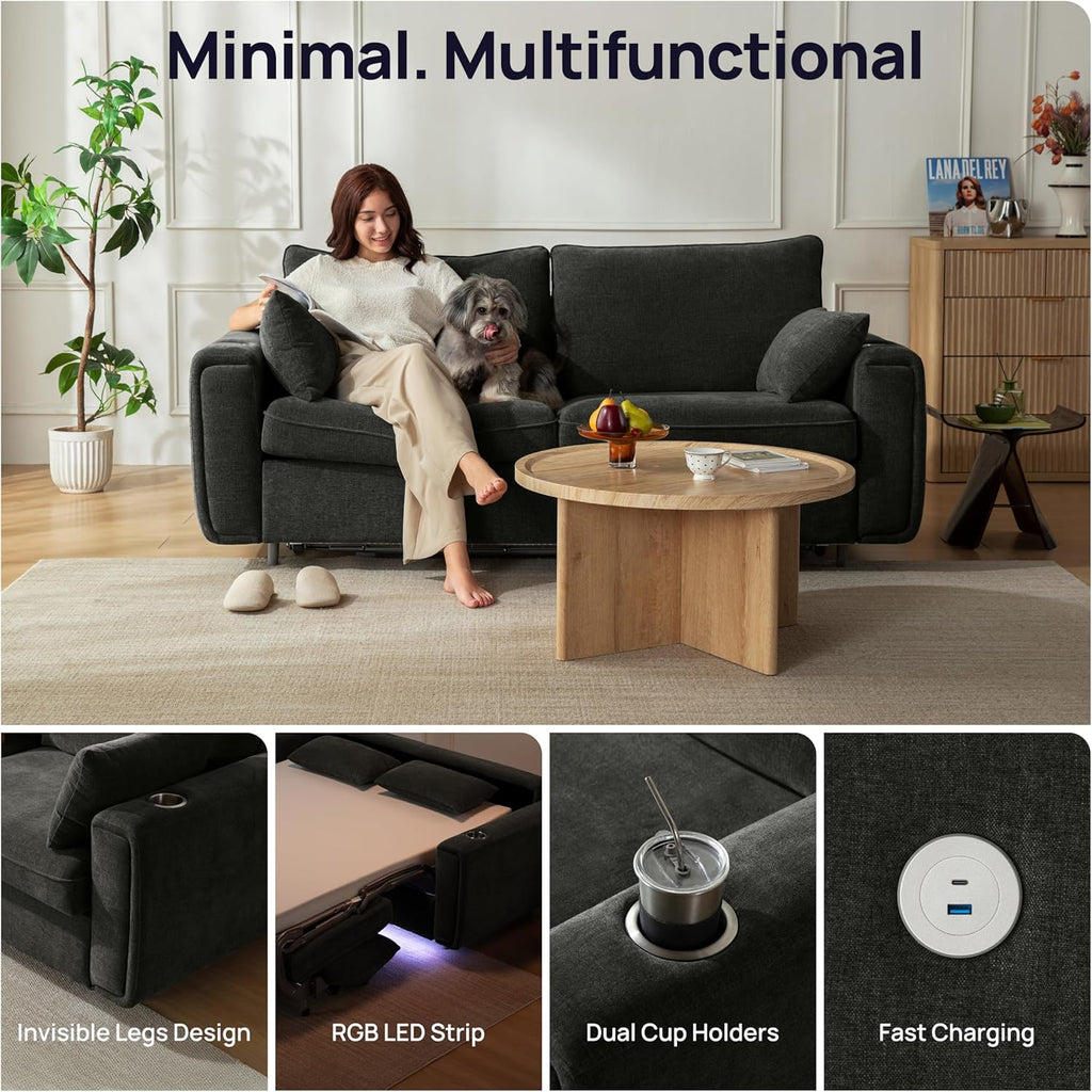 Pull Out Sofa Bed, No Cushion Removal, Queen Sleeper Sofa with USB Fast Charging, Memory Form Mattress, 2-in-1 Convertible Comfy Loveseat Couch Bed for RV, Apartment, and Small Spaces (Dark Grey)