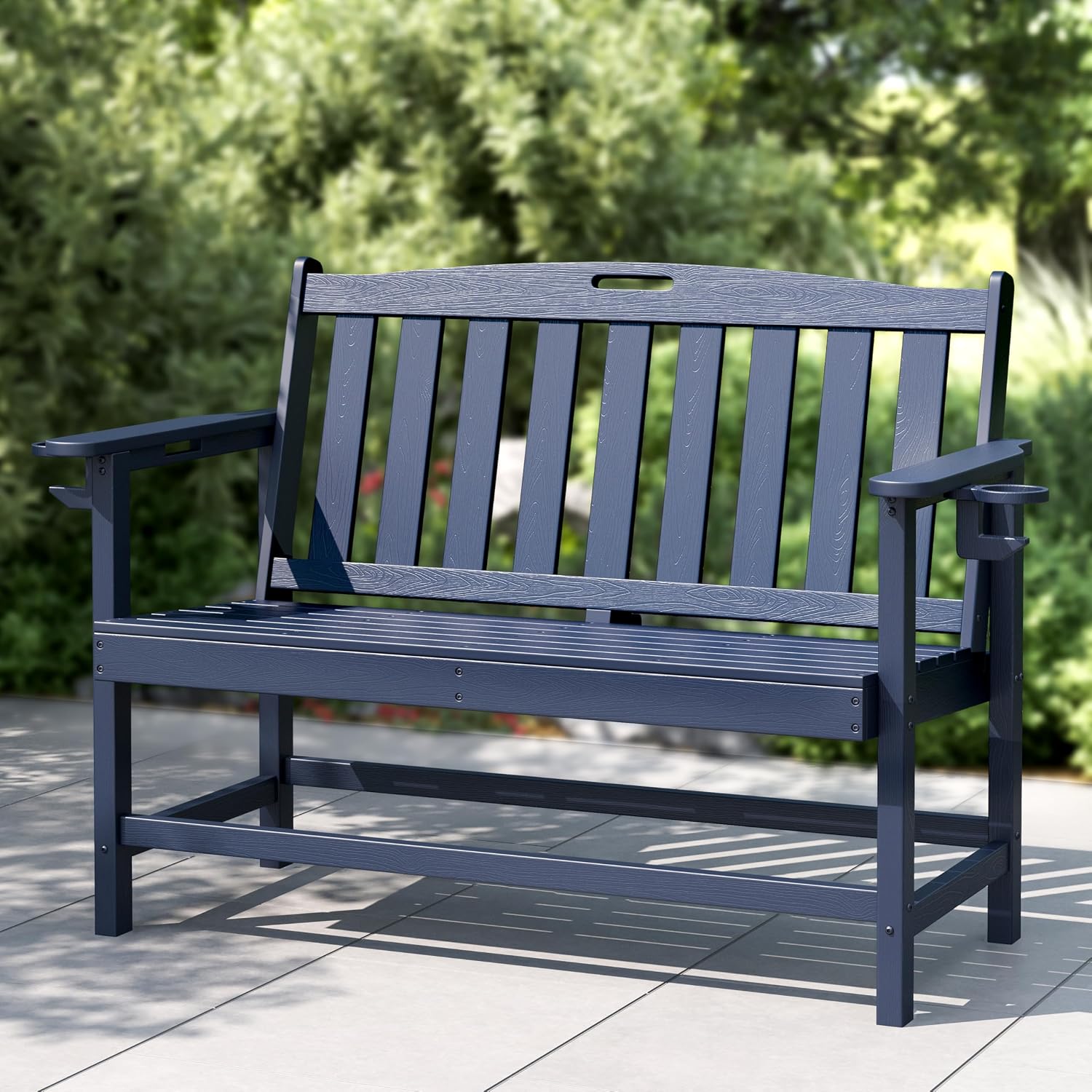 PHI VILLA 50 Inches HDPE Outdoor Bench Weatherproof Garden Bench with 700 lbs Capacity, 2-Person Patio Benches for Outside, Park, Yard and Porch, Navy Blue