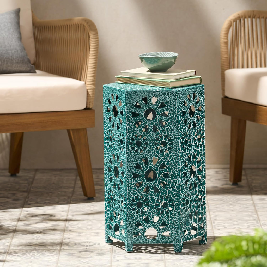 Eliana 12" Hexagonal Metal Side Table, Teal Crackle Finish Boho Accent Table with Cutout Floral Design, Sturdy Iron End Table for Living Room Bedroom Patio Decor
