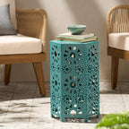 Eliana 12" Hexagonal Metal Side Table, Teal Crackle Finish Boho Accent Table with Cutout Floral Design, Sturdy Iron End Table for Living Room Bedroom Patio Decor