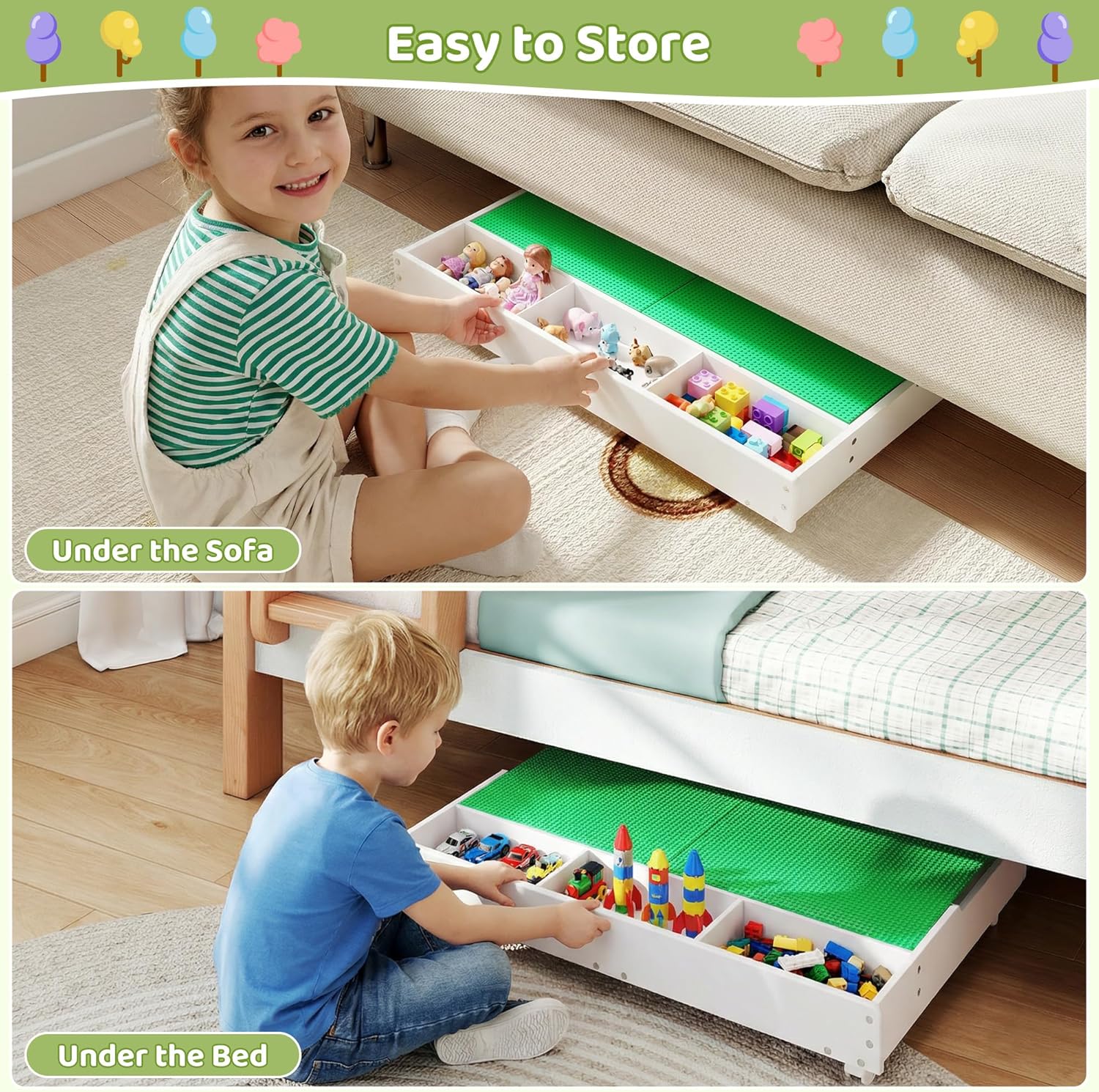 GITAWUSA 3-in-1 Construction Play Table with Storage Compatible with Lego, Rolling Kids Activity Table, Double Sided Desktop, Train Table for Toddlers 3-8, Convenient Storage Under the Bed and Sofa