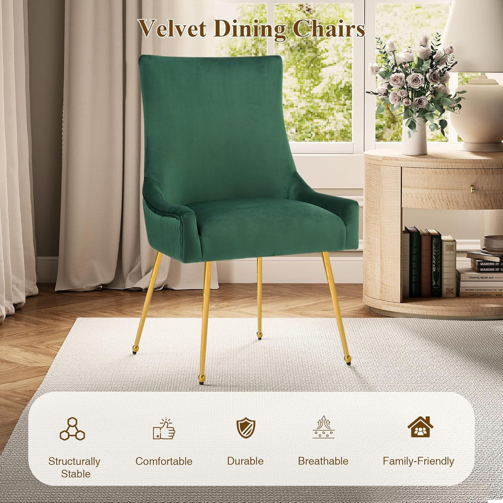 adochr Velvet Dining Chairs Set of 2, Modern Upholstered Kitchen Chair with Pull Handle & Pleated Back, Mid Century Accent Chair with Gold Metal Legs for Vanity,Dining,Kitchen,Living Room, Green