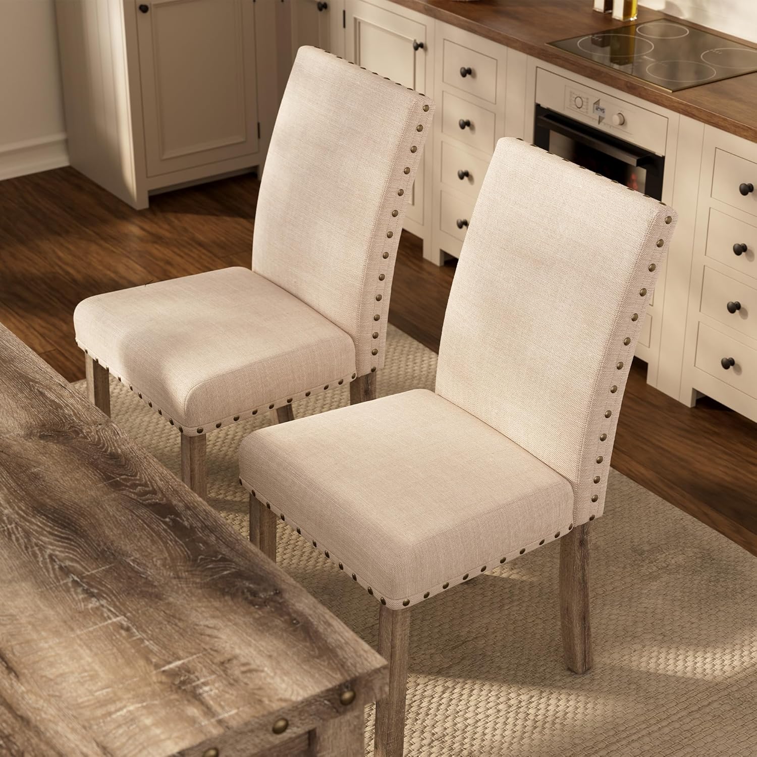 Morden Fort Farmhouse Style Dining Chairs Set of 2, Rustic Upholstered Kitchen & Dining Room Chairs with Rivet Detailing, Solid Wood Legs & Sturdy Wooden Chair Design for Comfortable Seating