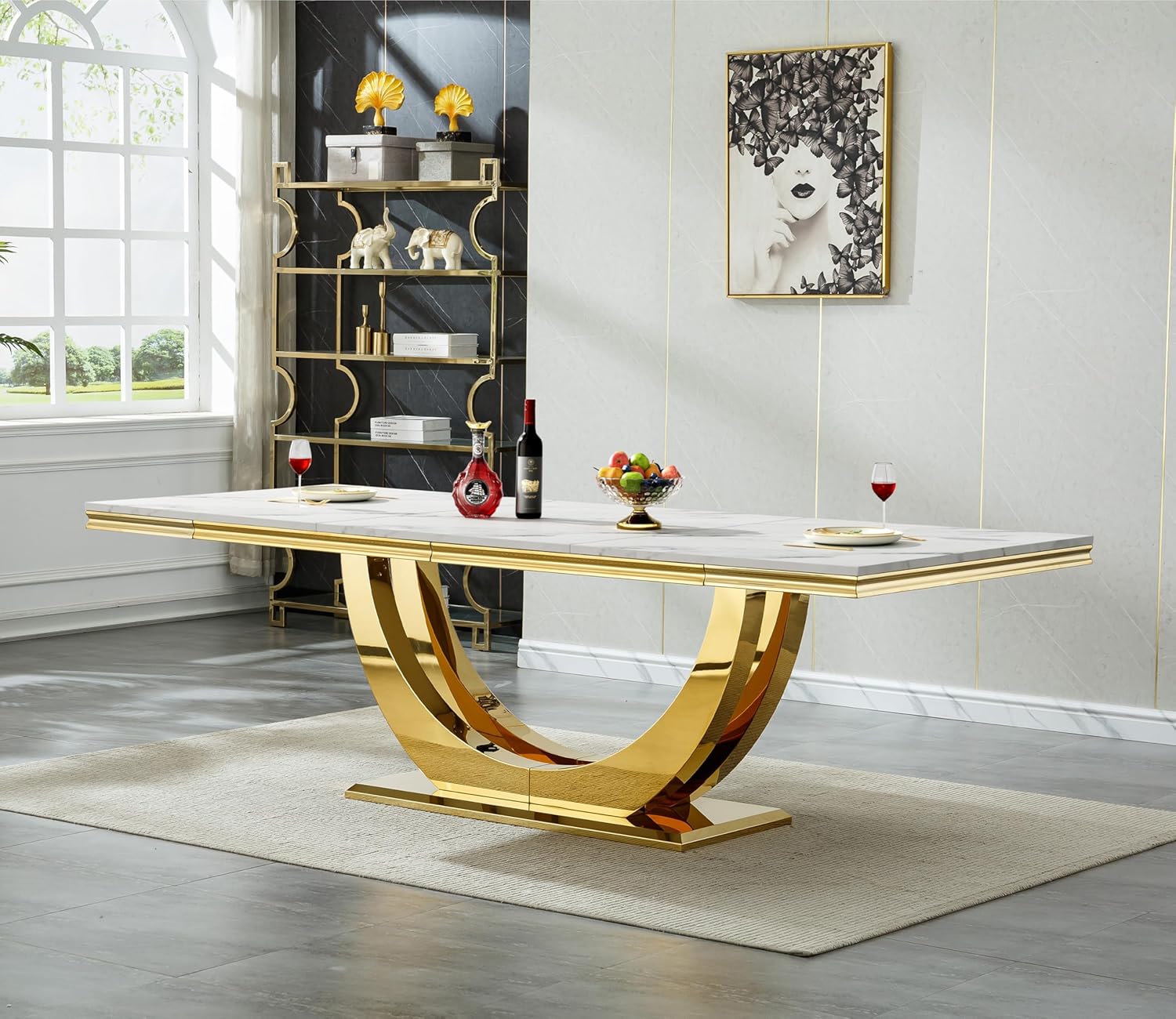 94 in Luxury Faux Marble Dining Table for 6 8 10 People, White Faux Marble Dining Table with Gold U Shaped Stainless Steel Base, Large Rectangular Modern Kitchen Dining Room Table for Family Gathering