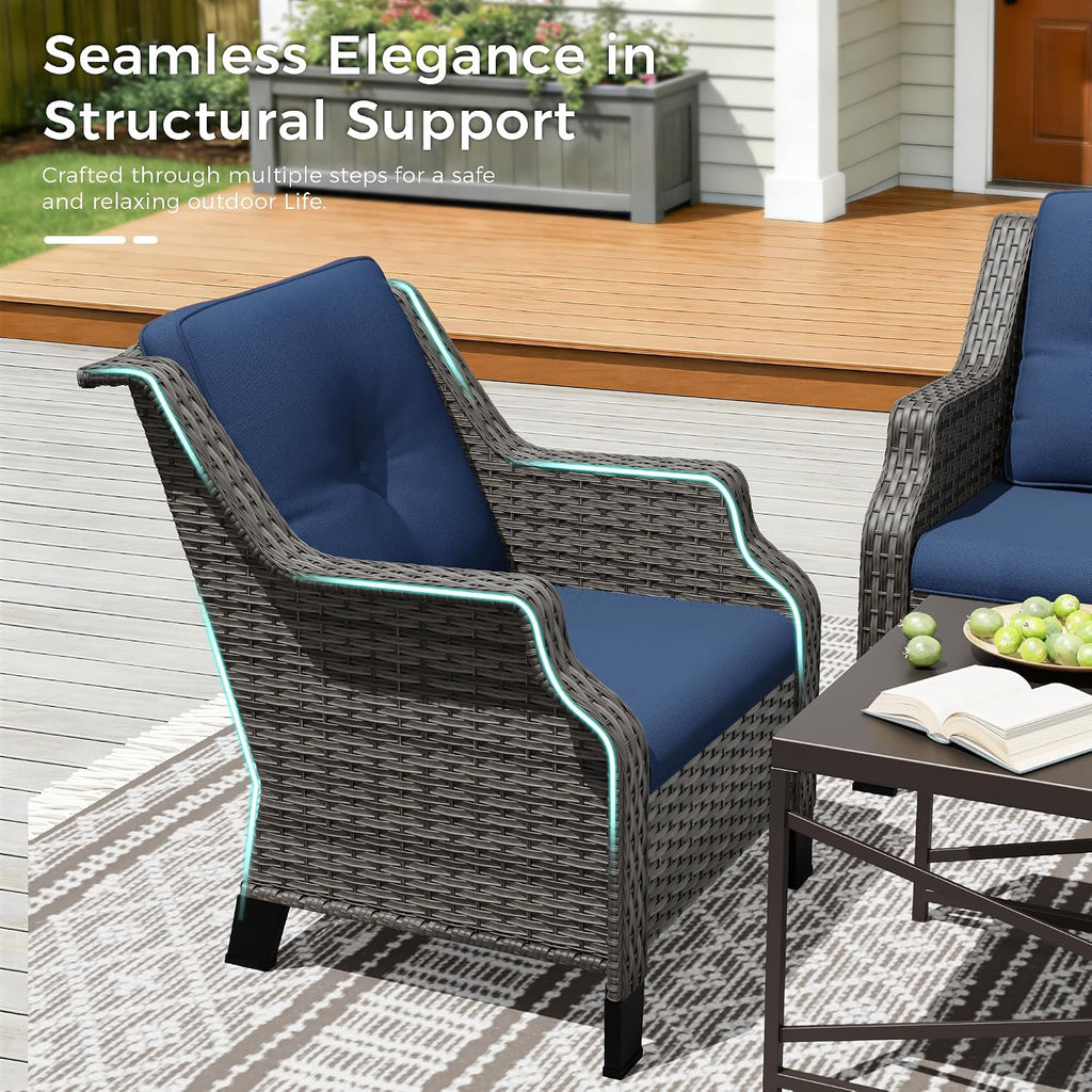 Outdoor Patio Chairs Set of 2, Wicker Patio Furniture with Thick Cushions, Curved Armrest, Deep Seating, Rattan Outdoor Chairs for Porch, Deck, Balcony