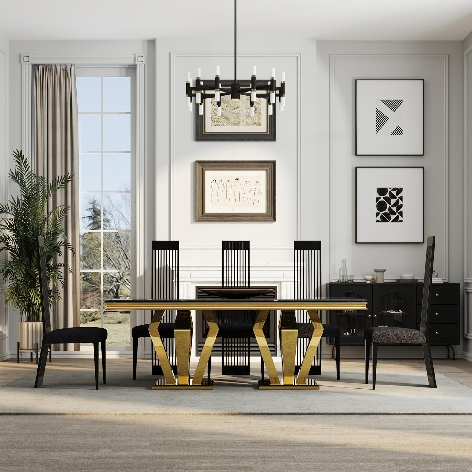 Modern Black Dining Chairs Set of 2, Upholstered High Back Dining Chairs with Stainless Steel Backrest and Legs, Luxury Dining Room Chairs for Kitchen Living Room Restaurant