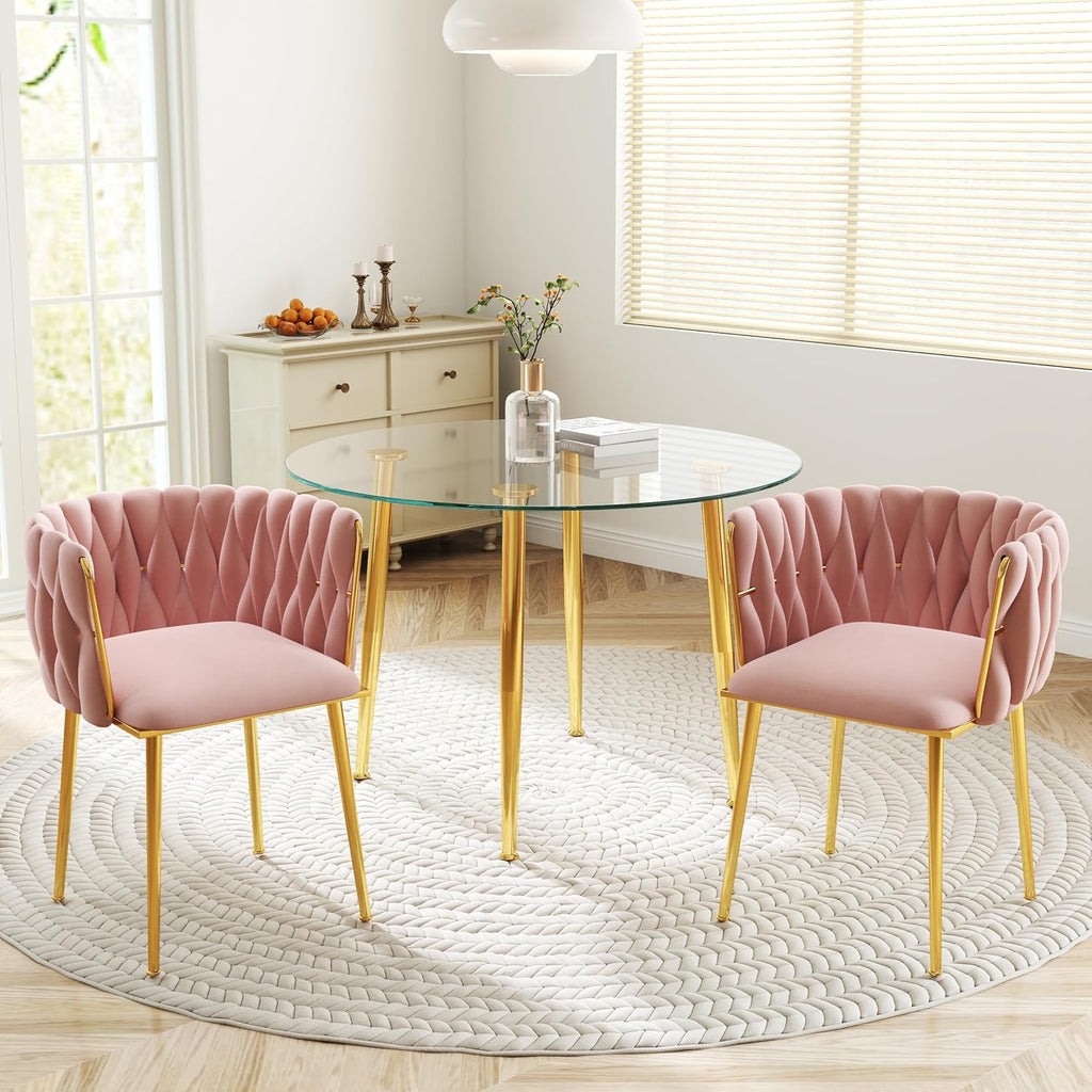 Gold Glass Round Dining Set for 2, 36'' Modern Minimalist Luxury Circle Dinner Room Set, 3 Piece Clear Glass Circular Kitchen Table with Pink Woven Chair Set, for Small Apartment Home