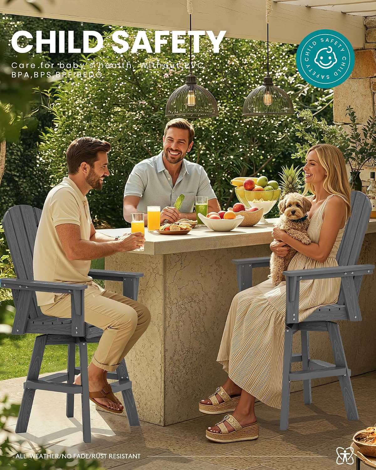 SERWALL Swivel Adirondack Barstools Set of 2, HDPE Outdoor Swivel Bar Chairs Set of 2 for Patio, Poolside, Garden, Grey