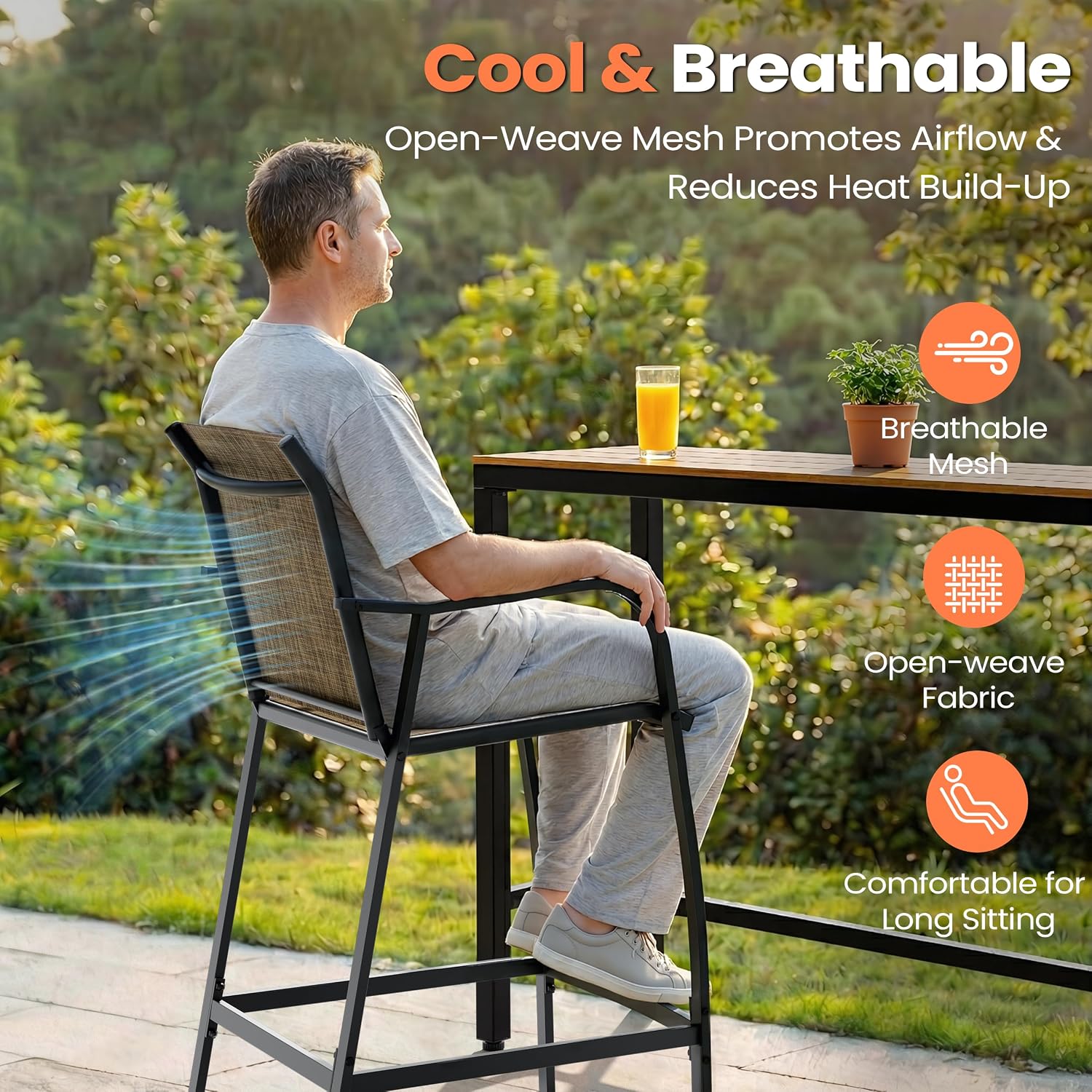 Pellebant 28.7" Outdoor Bar Stools Set of 2, Metal Patio Barstools with Back & Armrest, All-Weather Textilene Bar Height Chairs for Patio, Garden, Balcony, Brown