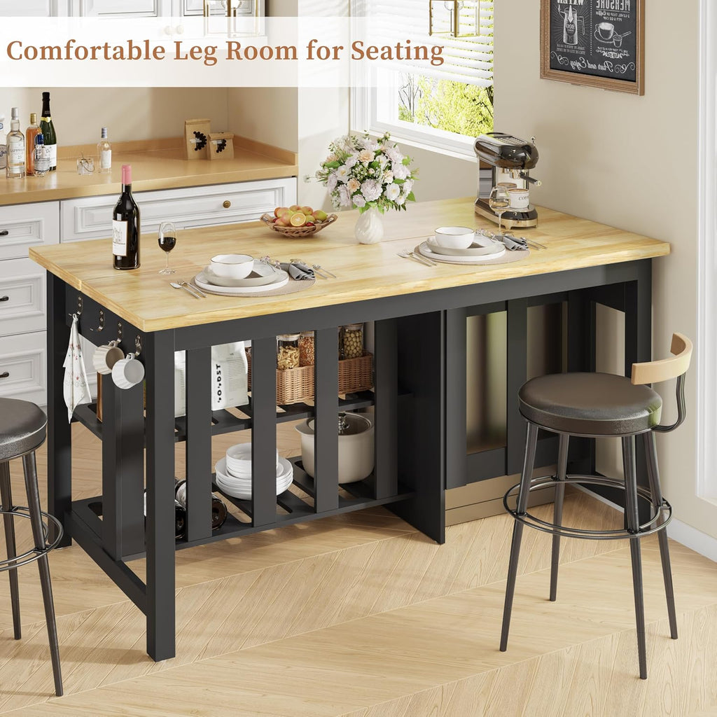 DynJest 60" Solid Rubberwood Kitchen Island with Storage & Leg Room, Black | Coffee Bar Buffet Cabinet w/ Fridge Space & Power Outlets, 2 Drawers & 6 Hooks, Large Countertop, for Home Office Dining Room