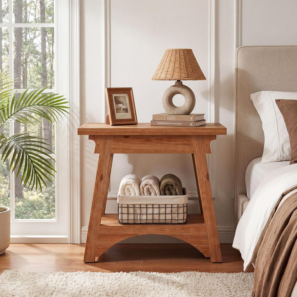 End Table for Living Room, Solid Wood Side Table with Storage, Farmhouse Narrow Nightstand for Bedroom, Small Spaces, Rustic Brown