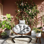 Mirightone Hanging Egg Chair with Stand, Foldable Wicker Egg Swing Chair for Patio Porch Balcony Bedroom, HDPE Rattan Hanging Chair with Plush Cushion, Removable Headrest & Adjustable Feet,Brown+Grey