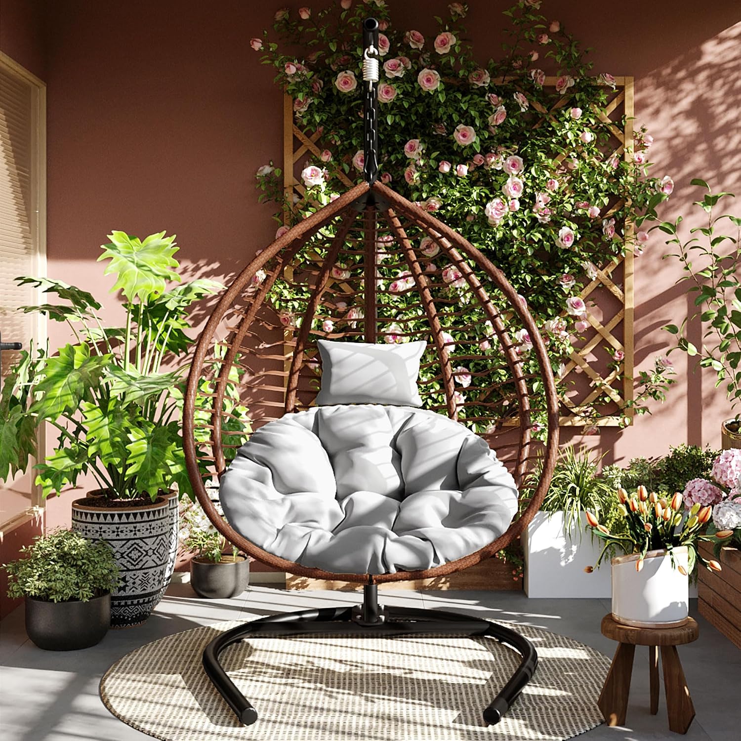 Mirightone Hanging Egg Chair with Stand, Foldable Wicker Egg Swing Chair for Patio Porch Balcony Bedroom, HDPE Rattan Hanging Chair with Plush Cushion, Removable Headrest & Adjustable Feet,Brown+Grey