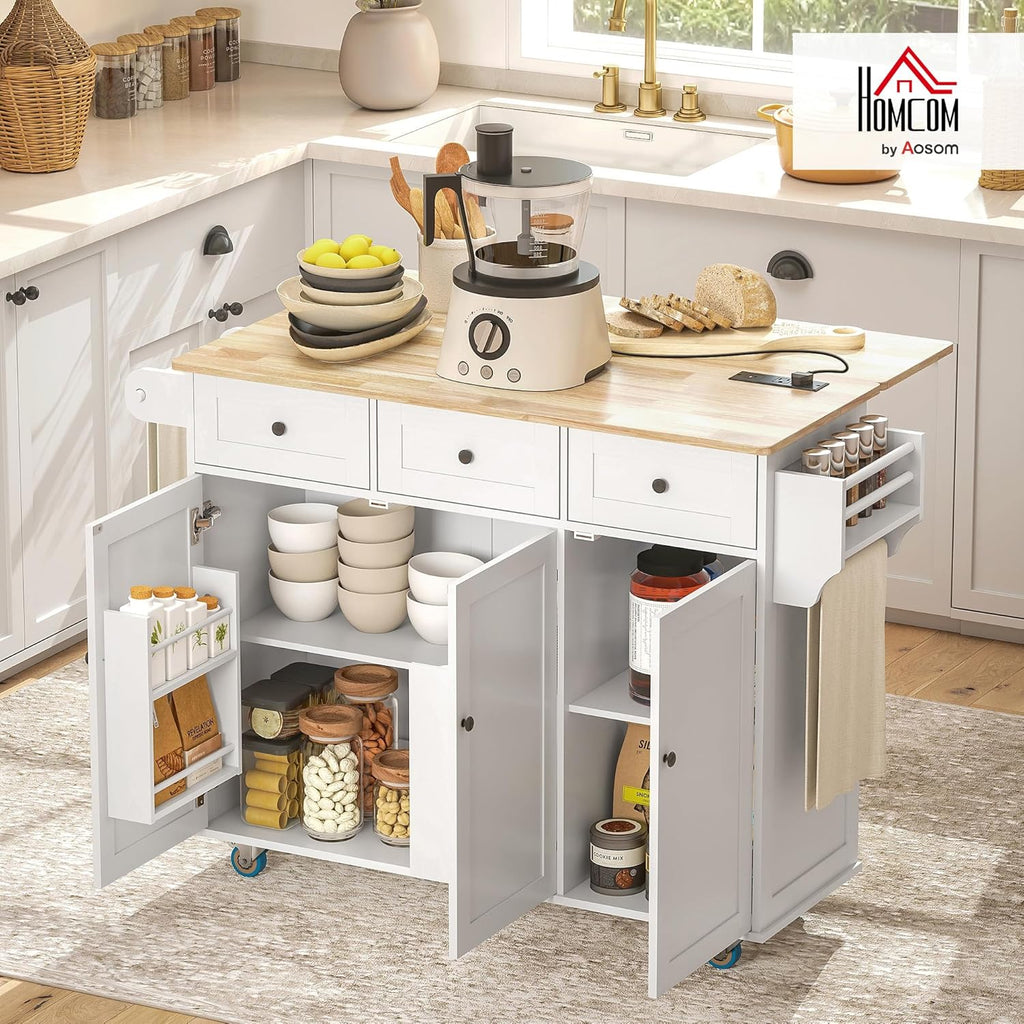 HOMCOM Rolling Kitchen Island with Power Outlet and Drop Leaf, 53" Island Table with Wood Top, 3 Drawers, Adjustable Shelf, Spice & Towel Rack, Kitchen Cart on Wheels, White