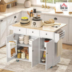 HOMCOM Rolling Kitchen Island with Power Outlet and Drop Leaf, 53" Island Table with Wood Top, 3 Drawers, Adjustable Shelf, Spice & Towel Rack, Kitchen Cart on Wheels, White