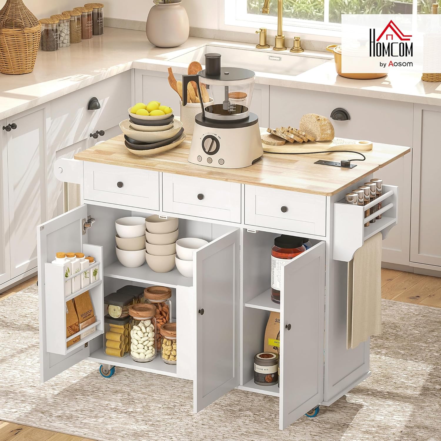 HOMCOM Rolling Kitchen Island with Power Outlet and Drop Leaf, 53" Island Table with Wood Top, 3 Drawers, Adjustable Shelf, Spice & Towel Rack, Kitchen Cart on Wheels, White