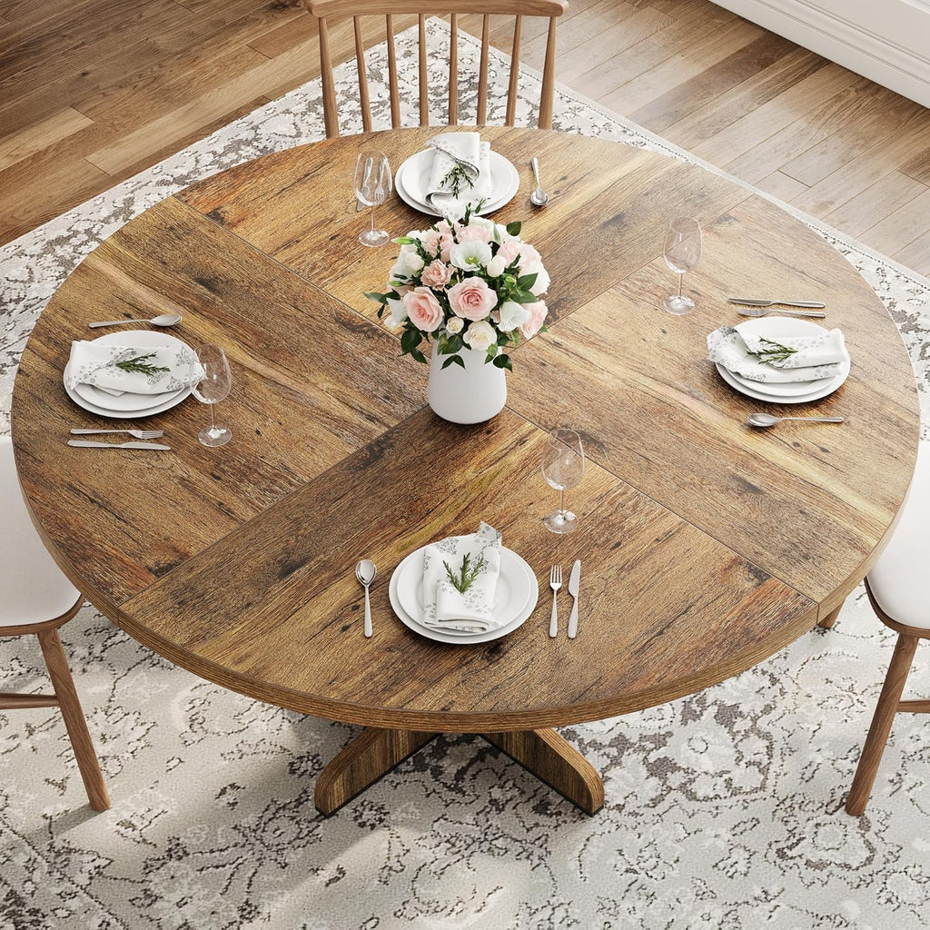 47" Round Dining Table for 4, Farmhouse Kitchen Dining Room Table, Brown | Circle Dinner Table, Kitchen Dining Room Furniture (Table Only)