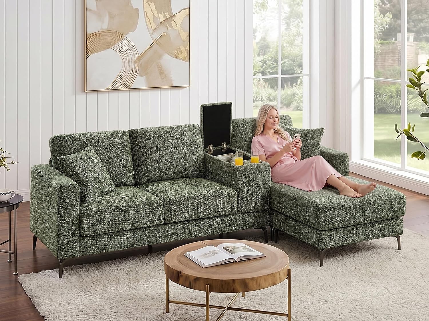 99.21" L Shaped Sectional Sofa with Convertible Chaise, Chenille Modern Modular Couch with Storage Box, USB & Type C Port, 4-Seater Cloud Sofa with Metal Legs for Living Room, Apartment, Green