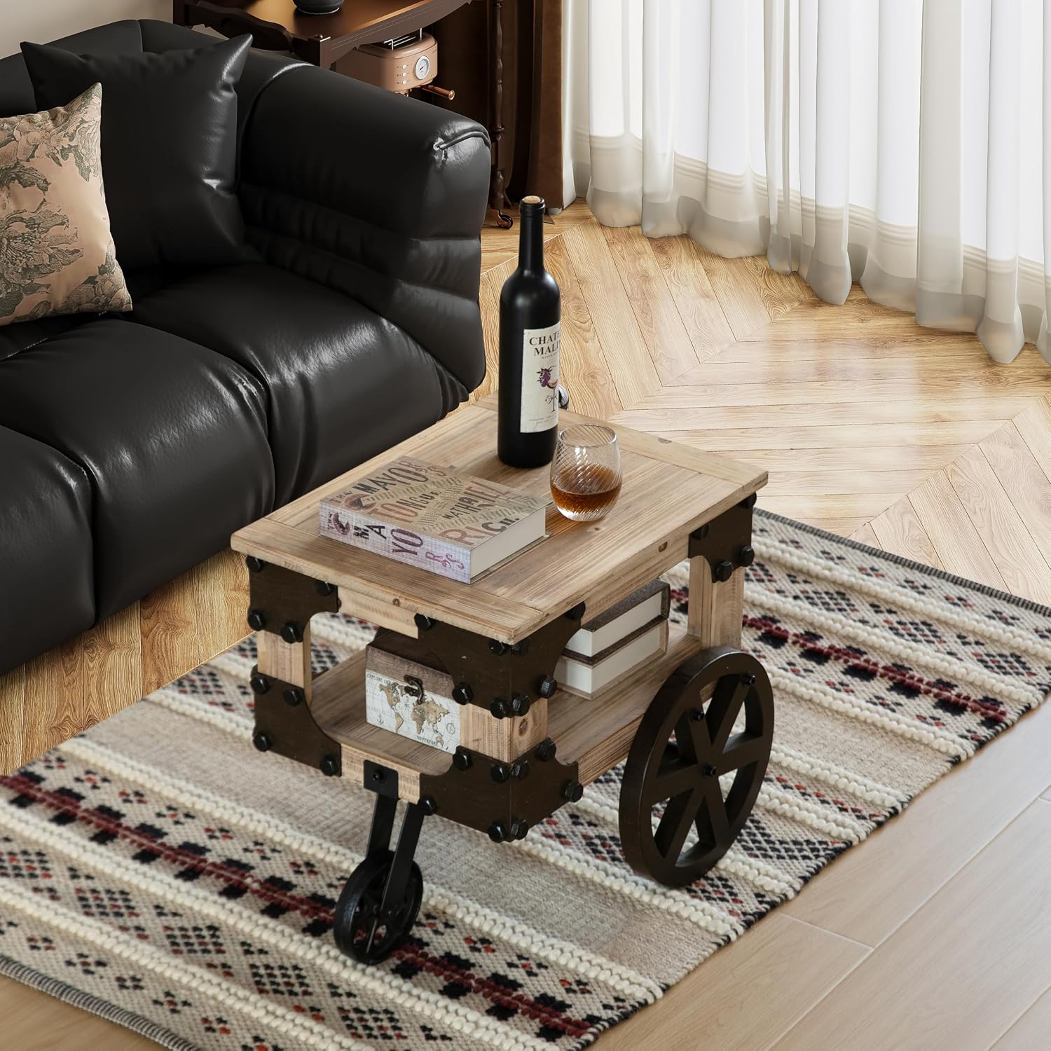 Vintiquewise Farmhouse Wagon-Style End Table with Storage Shelf & Rolling Wheels Vintage Wood Accent Table for Living Room Bedroom or Entryway Compact Decorative Multi-Functional & Stylish Display