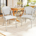 Martha Stewart Lily Pond Indoor-Outdoor Stackable Aluminum Bistro Chair with Gray Woodgrain Frame Finish and White/Gray Woven Rattan Backrest and Seat