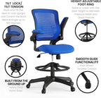 Flash Furniture Kale Mid-Back Blue Mesh Ergonomic Drafting Chair | Adjustable Foot Ring, Flip-Up Arms